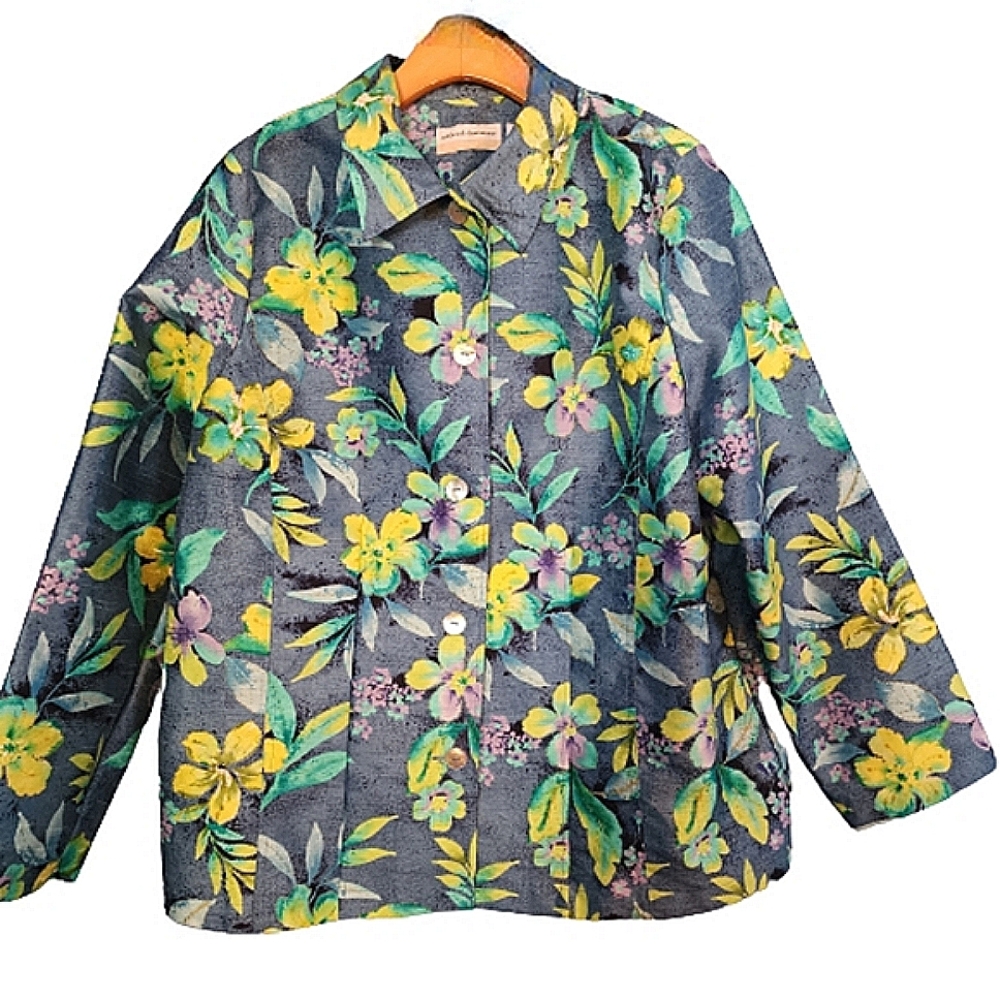 Womens 16 Alfred Dunner Beaded Yellow Floral Blue Bloomcore Coquette Jacket